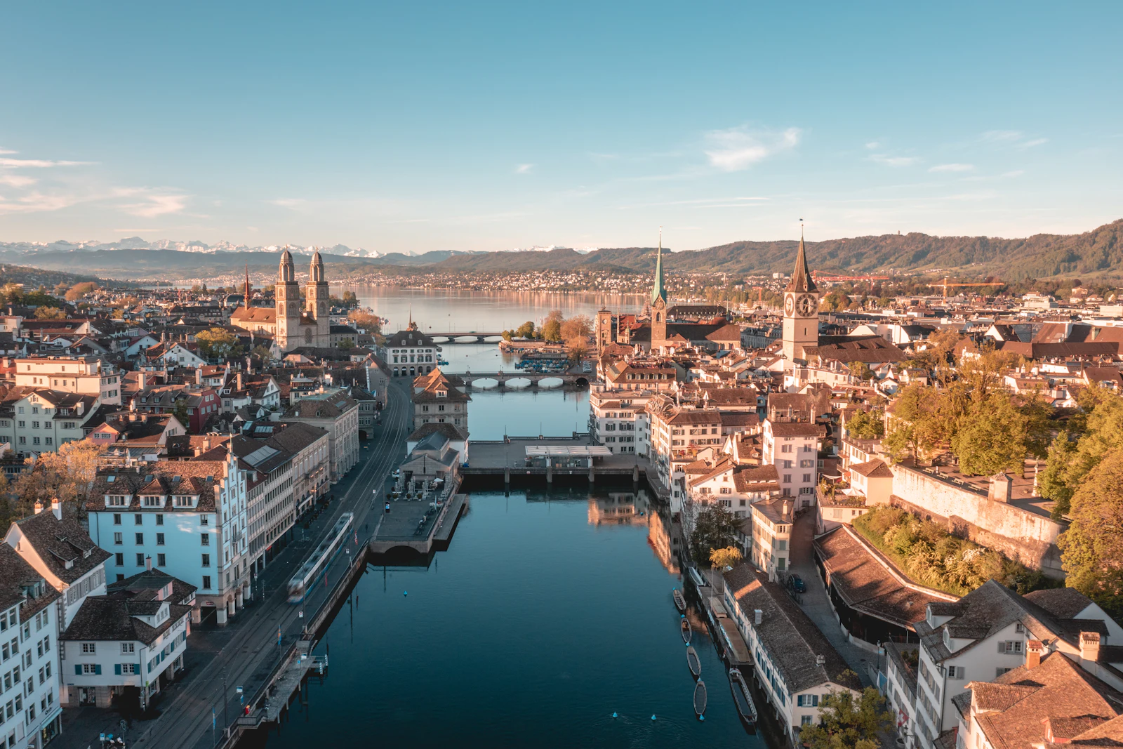 Zurich old town and the Limmat river in soft morning light